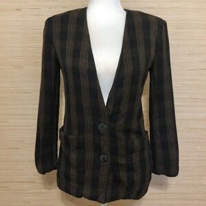 Haberdasher Brown Black Plaid Shoulder Pad Button Front Blazer Size 4